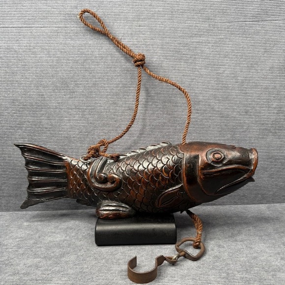 Antique Japanese Jizai Kagi Hand Carved Wooden Koi Fish Irori Kettle Hook 17" - Picture 2 of 11